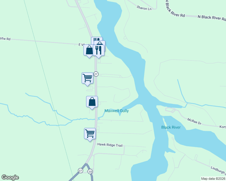 map of restaurants, bars, coffee shops, grocery stores, and more near 1358 Rivers Ridge Court in Cheboygan