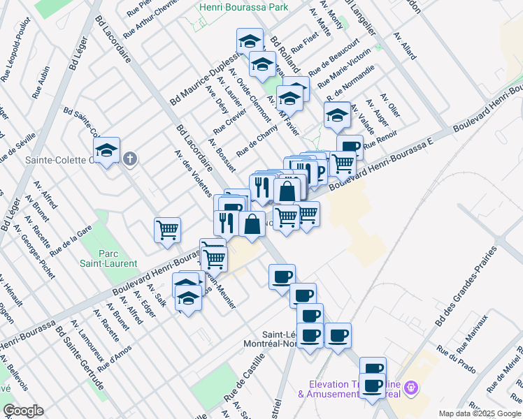 map of restaurants, bars, coffee shops, grocery stores, and more near 5879 Boulevard Henri-Bourassa Est in Montréal