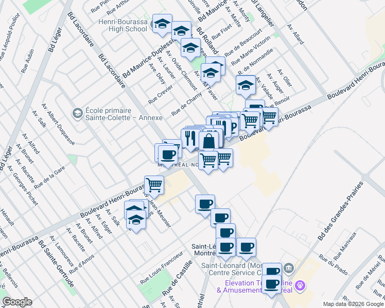 map of restaurants, bars, coffee shops, grocery stores, and more near 5879 Boulevard Henri-Bourassa Est in Montréal