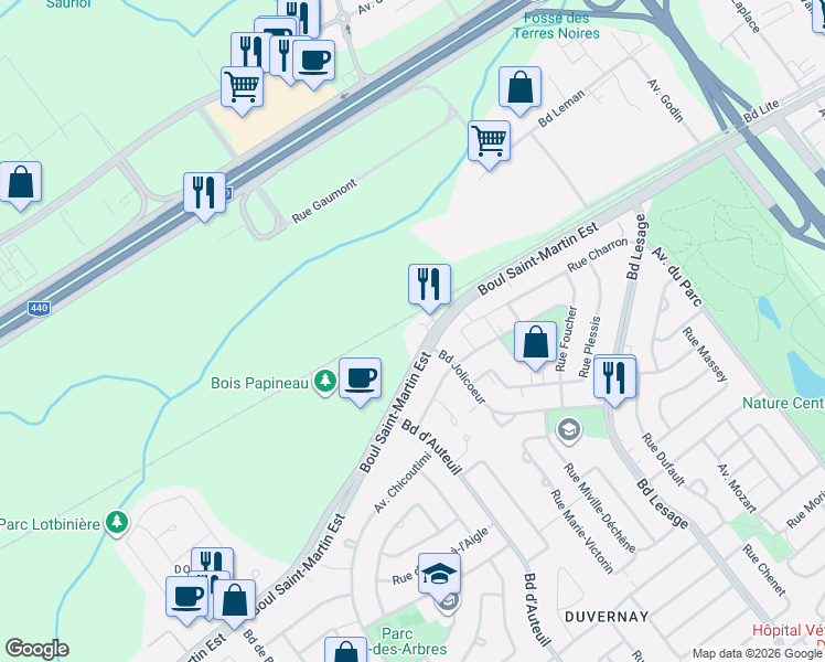 map of restaurants, bars, coffee shops, grocery stores, and more near 3285 Boulevard Saint-Martin Est in Laval