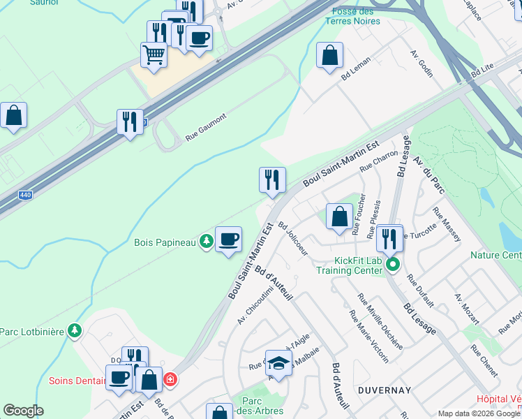 map of restaurants, bars, coffee shops, grocery stores, and more near 3285 Boulevard Saint-Martin Est in Laval