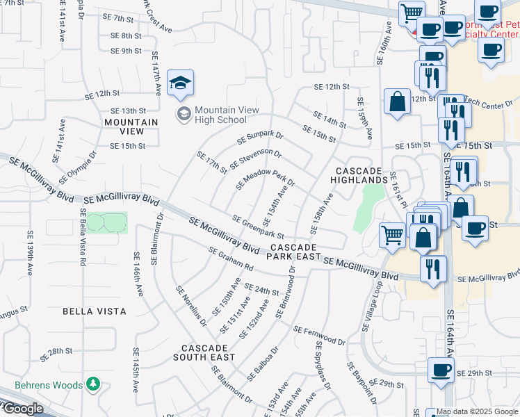 map of restaurants, bars, coffee shops, grocery stores, and more near 1811 Southeast Park Crest Avenue in Vancouver