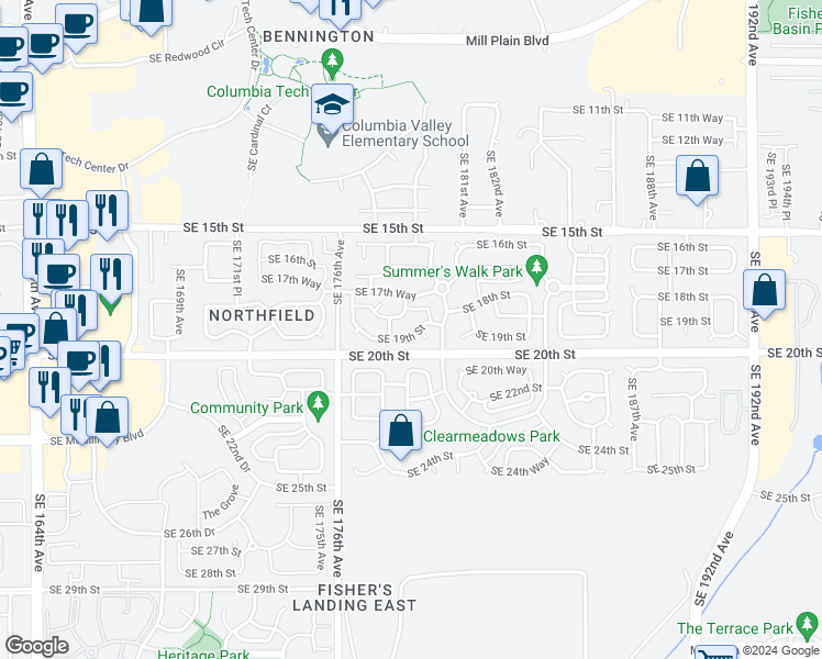 map of restaurants, bars, coffee shops, grocery stores, and more near 17816 Southeast 19th Street in Vancouver