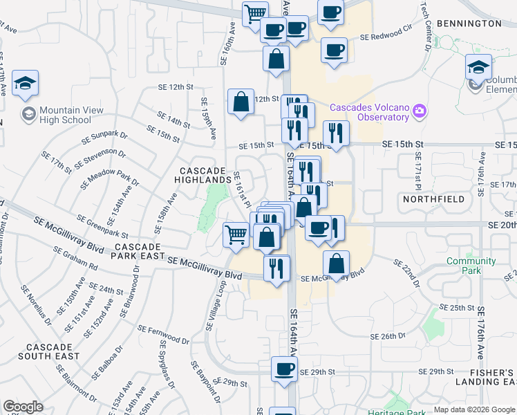 map of restaurants, bars, coffee shops, grocery stores, and more near 1805 Southeast 161st Place in Vancouver