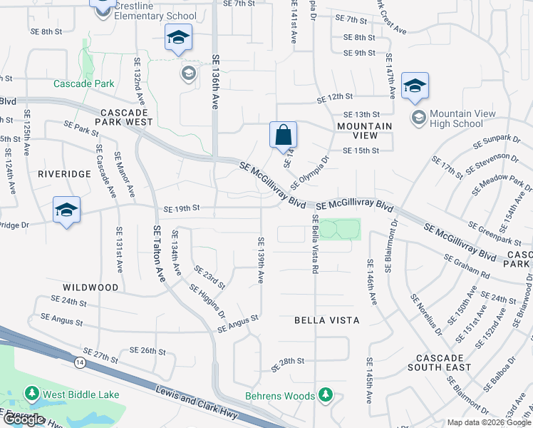 map of restaurants, bars, coffee shops, grocery stores, and more near 13913 Southeast 19th Street in Vancouver