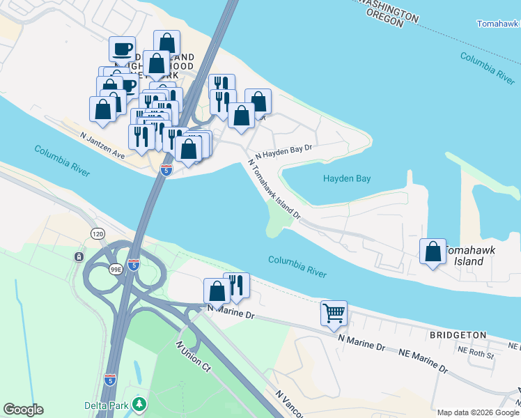 map of restaurants, bars, coffee shops, grocery stores, and more near 11612 North Island Cove Lane in Portland