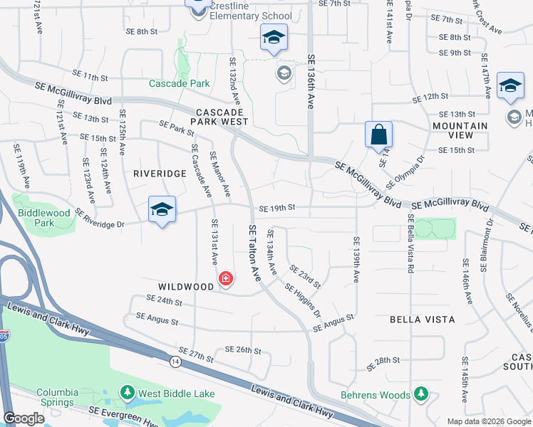 map of restaurants, bars, coffee shops, grocery stores, and more near 13317 Southeast 19th Street in Vancouver