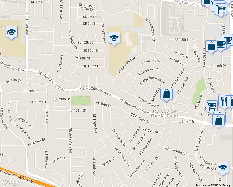 map of restaurants, bars, coffee shops, grocery stores, and more near 14714 Southeast McGillivray Boulevard in Vancouver