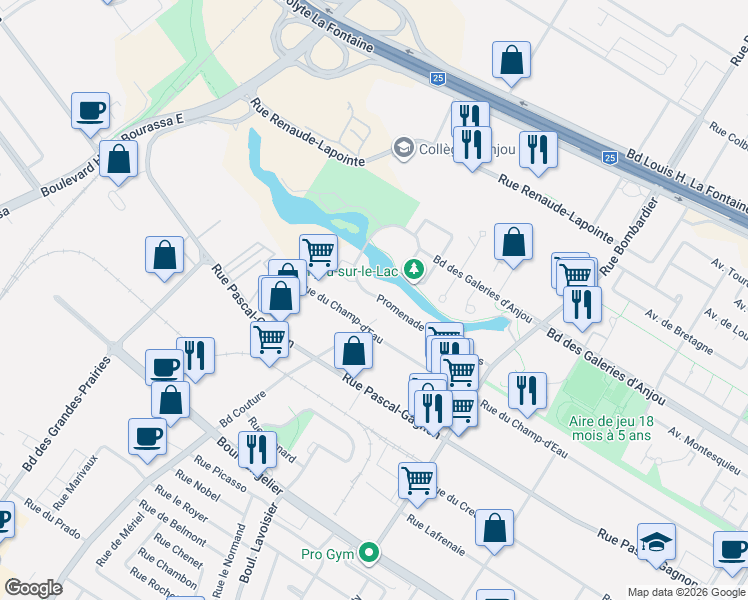 map of restaurants, bars, coffee shops, grocery stores, and more near 10268 Promenade des Riverains in Montreal