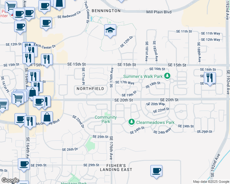 map of restaurants, bars, coffee shops, grocery stores, and more near 1816 Southeast 176th Place in Vancouver