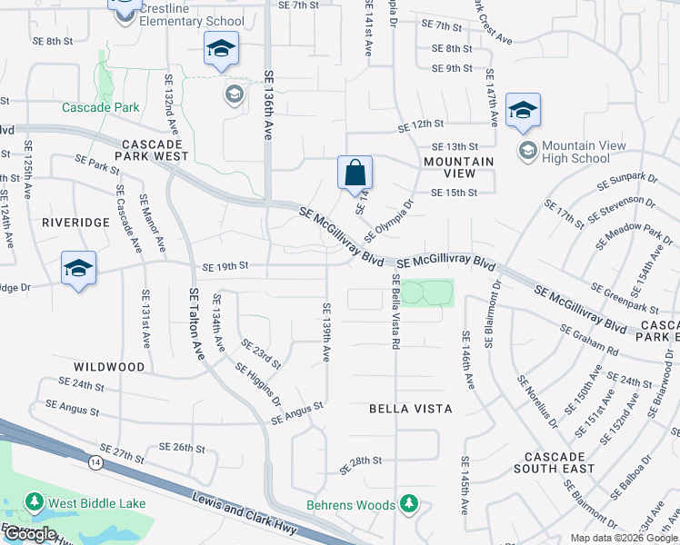 map of restaurants, bars, coffee shops, grocery stores, and more near 13913 Southeast 19th Street in Vancouver