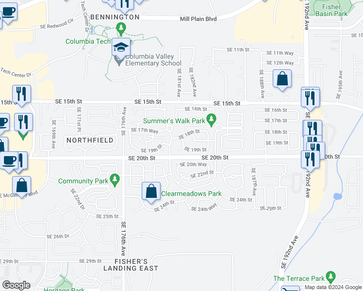 map of restaurants, bars, coffee shops, grocery stores, and more near 18020 Southeast 19th Circle in Vancouver