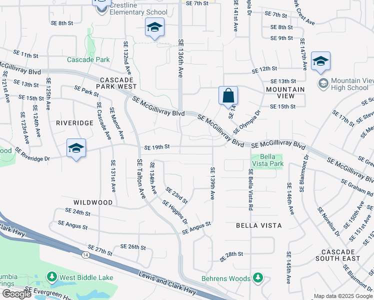 map of restaurants, bars, coffee shops, grocery stores, and more near 13703 Southeast 19th Street in Vancouver