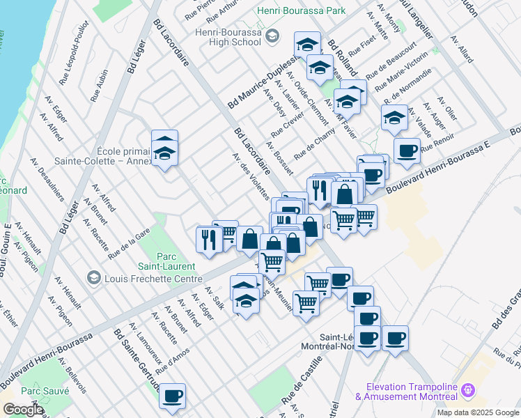 map of restaurants, bars, coffee shops, grocery stores, and more near 11551 Rue des Narcisses in Montréal