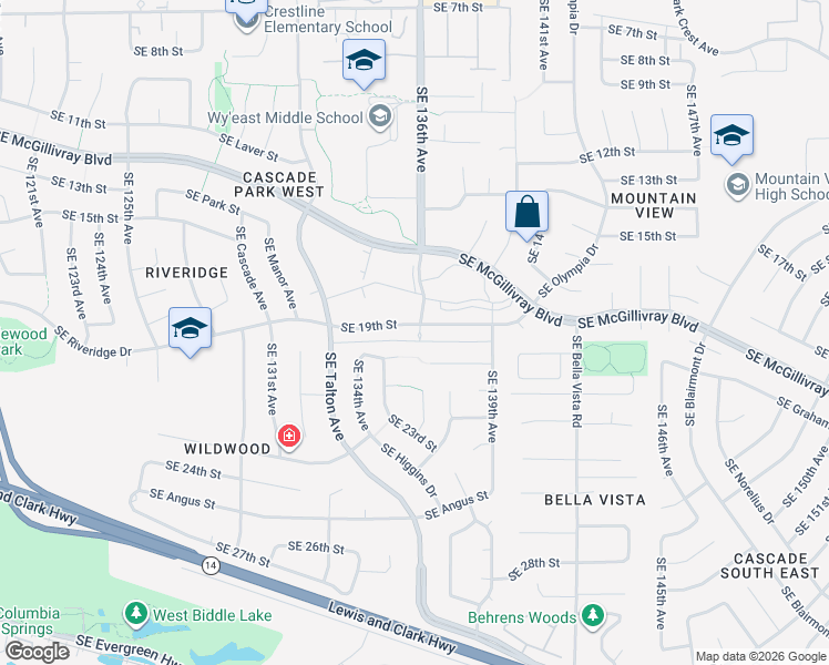map of restaurants, bars, coffee shops, grocery stores, and more near 13607 Southeast 19th Street in Vancouver