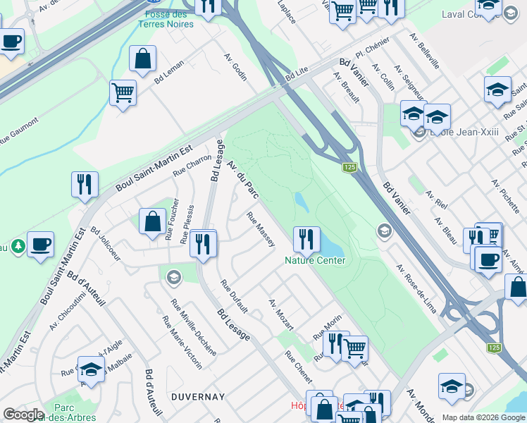 map of restaurants, bars, coffee shops, grocery stores, and more near 966 Avenue du Parc in Laval