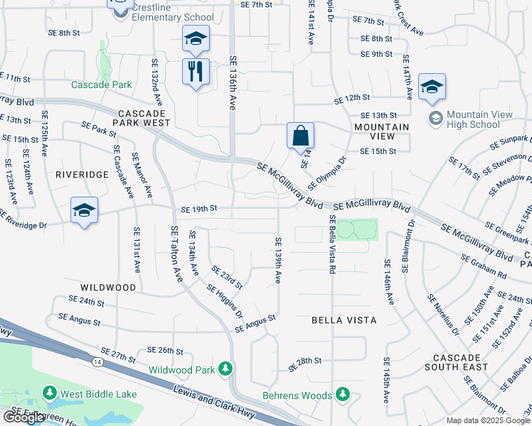 map of restaurants, bars, coffee shops, grocery stores, and more near 13813 Southeast 19th Street in Vancouver