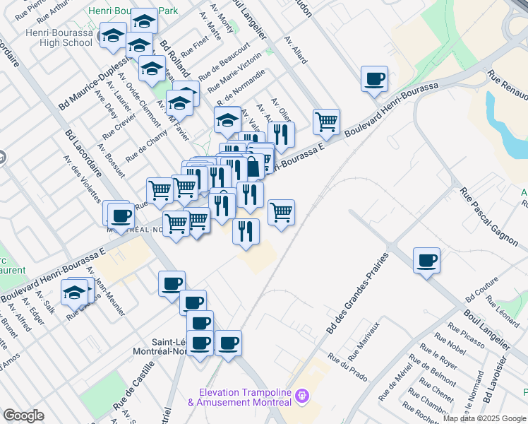 map of restaurants, bars, coffee shops, grocery stores, and more near 6180 Boulevard Henri-Bourassa Est in Montréal