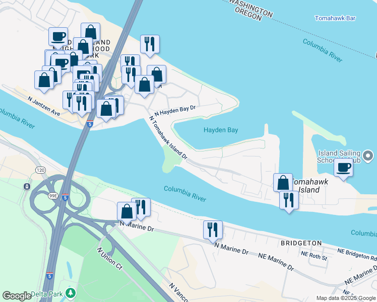 map of restaurants, bars, coffee shops, grocery stores, and more near 419 North Tomahawk Island Drive in Portland