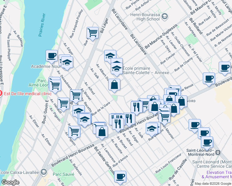 map of restaurants, bars, coffee shops, grocery stores, and more near 5529 Rue William-Allan in Montréal