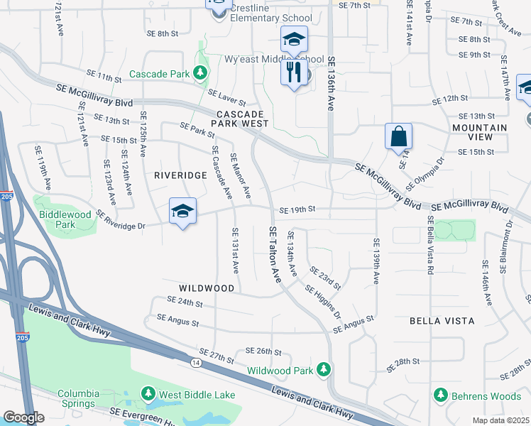 map of restaurants, bars, coffee shops, grocery stores, and more near 13213 Southeast 19th Street in Vancouver