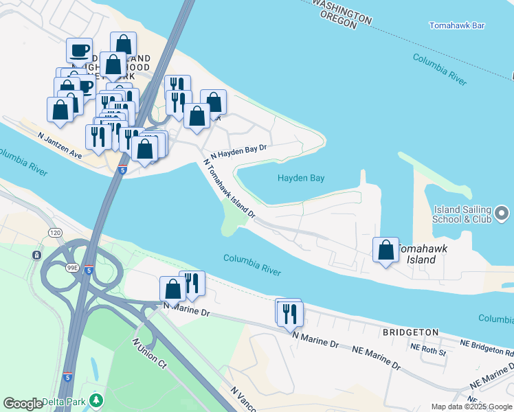 map of restaurants, bars, coffee shops, grocery stores, and more near 419 North Tomahawk Island Drive in Portland