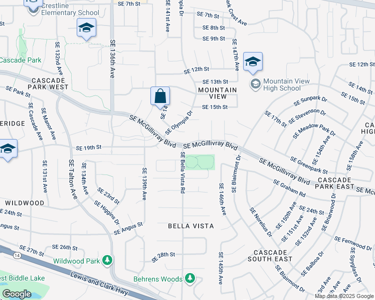 map of restaurants, bars, coffee shops, grocery stores, and more near 1905 Southeast Bella Vista Road in Vancouver
