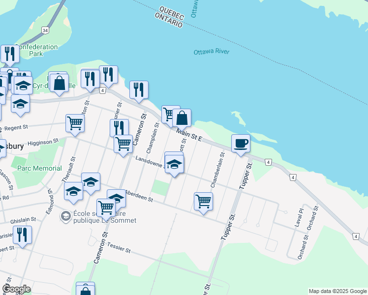 map of restaurants, bars, coffee shops, grocery stores, and more near 293 Abbott Street in Hawkesbury