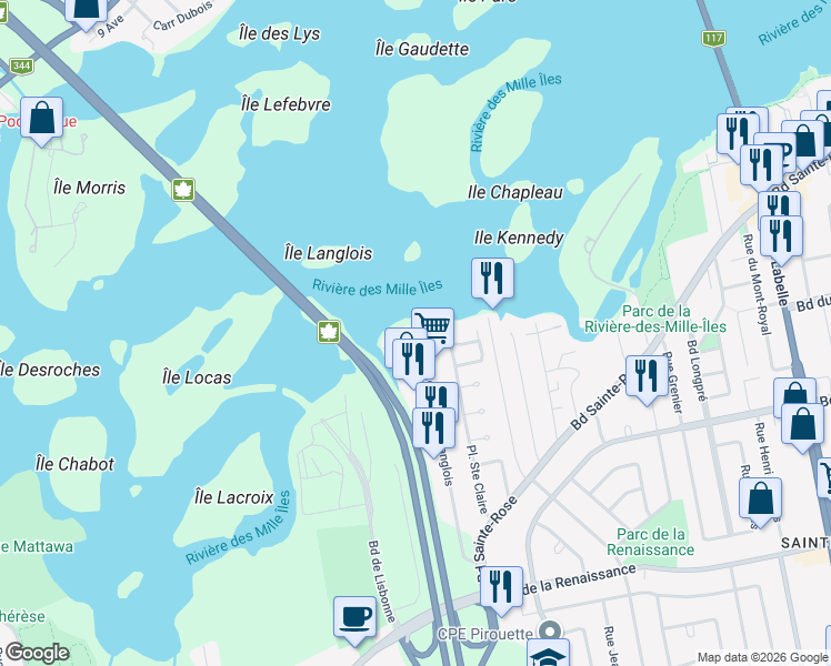map of restaurants, bars, coffee shops, grocery stores, and more near 21 Rue de la Pointe-Langlois in Laval