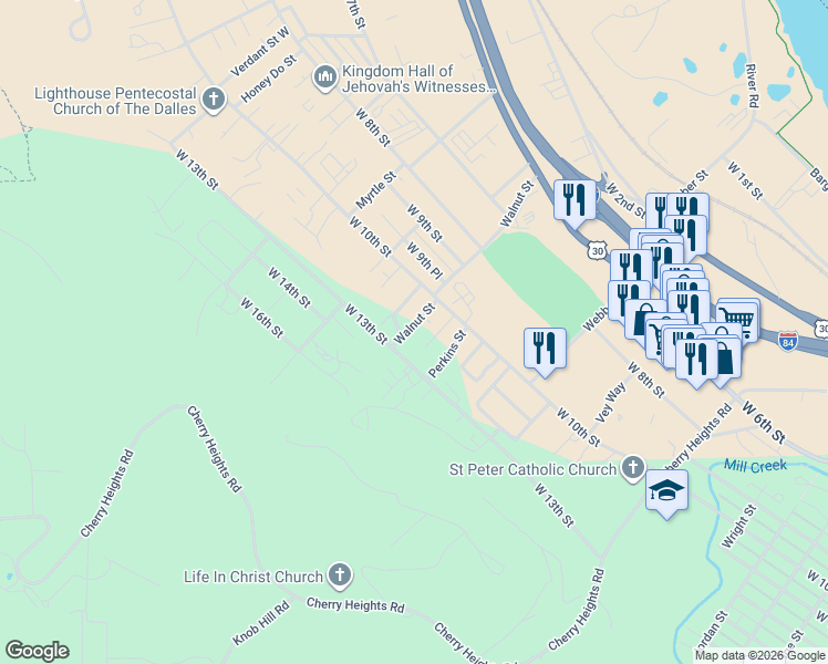 map of restaurants, bars, coffee shops, grocery stores, and more near 1214 Walnut Street in The Dalles