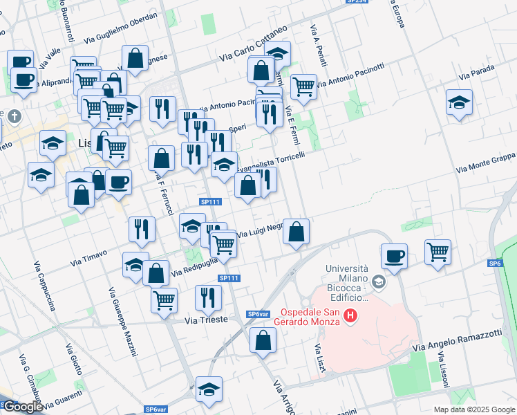 map of restaurants, bars, coffee shops, grocery stores, and more near 18 Via Trento in Lissone