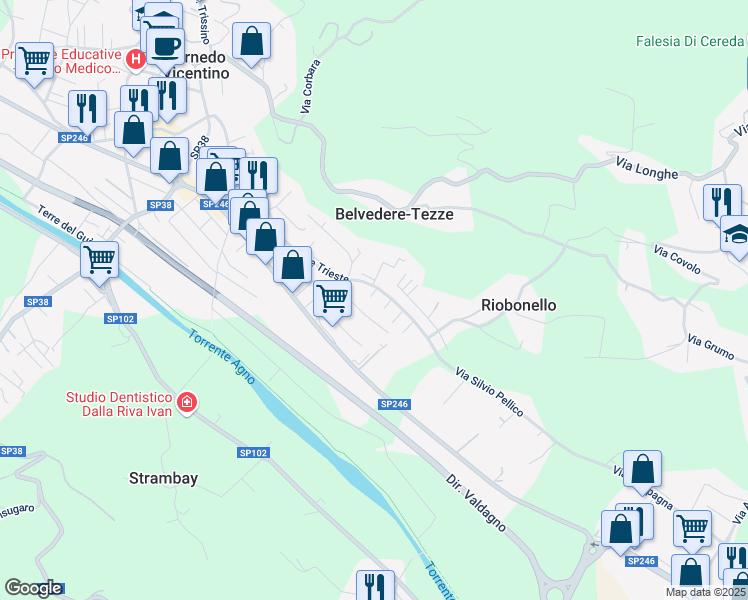 map of restaurants, bars, coffee shops, grocery stores, and more near 56 Viale Trieste in Cornedo Vicentino
