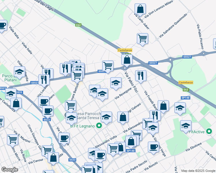 map of restaurants, bars, coffee shops, grocery stores, and more near 101 Via Santa Teresa in Legnano