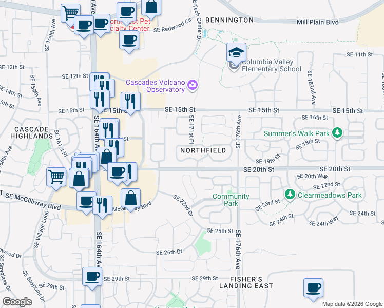 map of restaurants, bars, coffee shops, grocery stores, and more near 17104 Southeast 19th Street in Vancouver