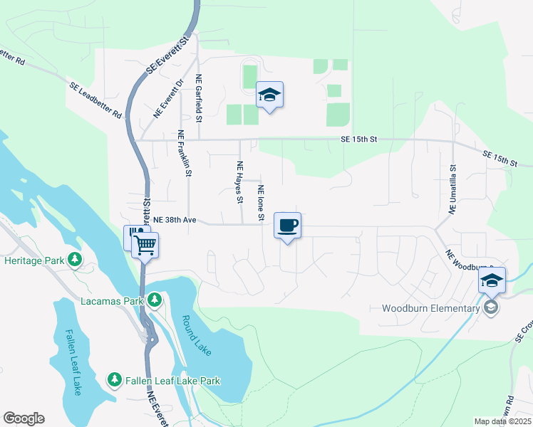 map of restaurants, bars, coffee shops, grocery stores, and more near 3832 Northeast Ione Street in Camas