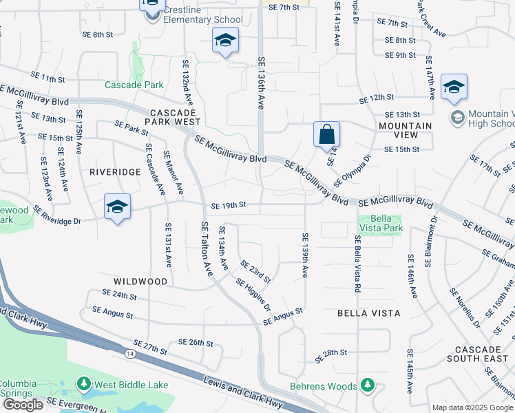 map of restaurants, bars, coffee shops, grocery stores, and more near 13703 Southeast 19th Street in Vancouver