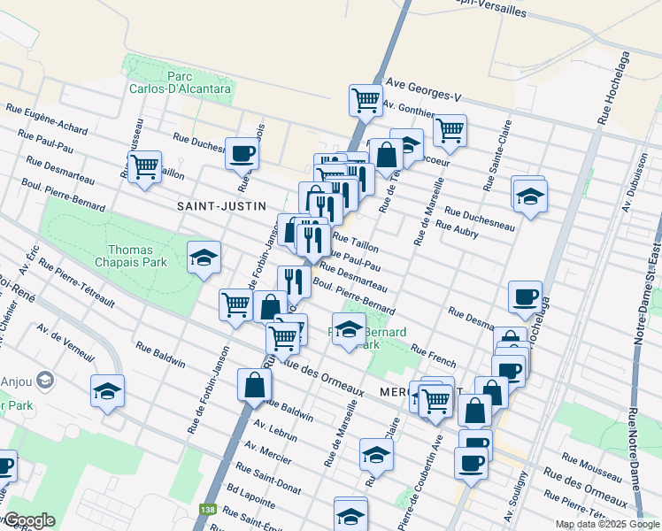 map of restaurants, bars, coffee shops, grocery stores, and more near 3325 Rue Desmarteau in Montréal