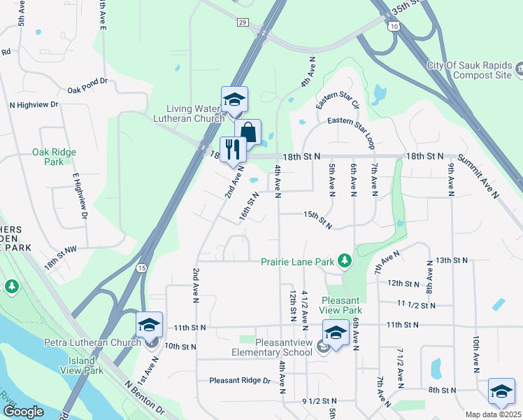 map of restaurants, bars, coffee shops, grocery stores, and more near 361 Welsh Court in Sauk Rapids