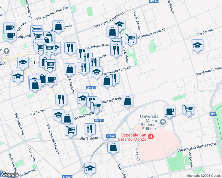 map of restaurants, bars, coffee shops, grocery stores, and more near 18 Via Trento in Lissone