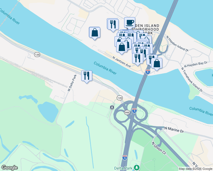 map of restaurants, bars, coffee shops, grocery stores, and more near 1891 Marine Drive West in Portland
