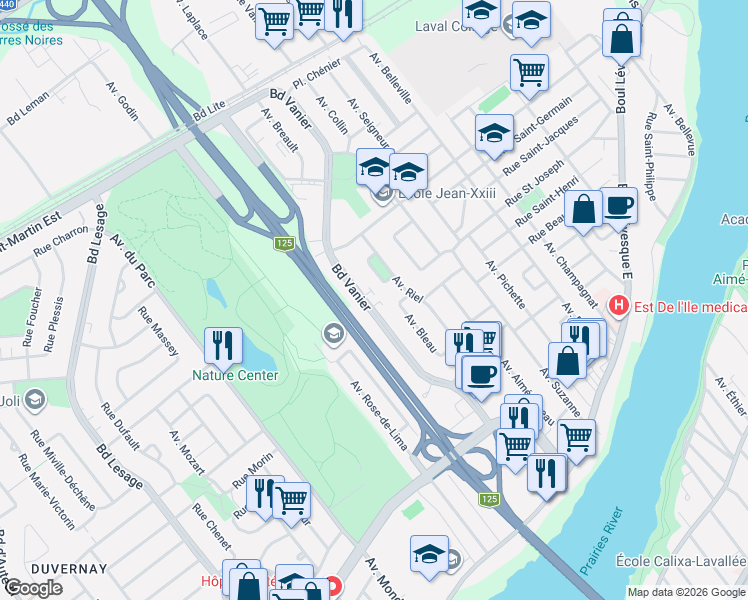 map of restaurants, bars, coffee shops, grocery stores, and more near 1025 Boulevard Vanier in Laval