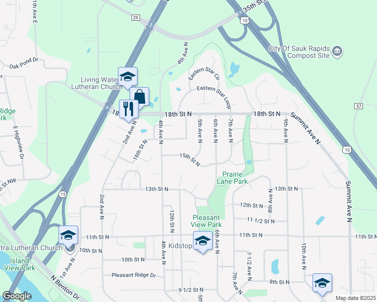 map of restaurants, bars, coffee shops, grocery stores, and more near 421 15th Street North in Sauk Rapids
