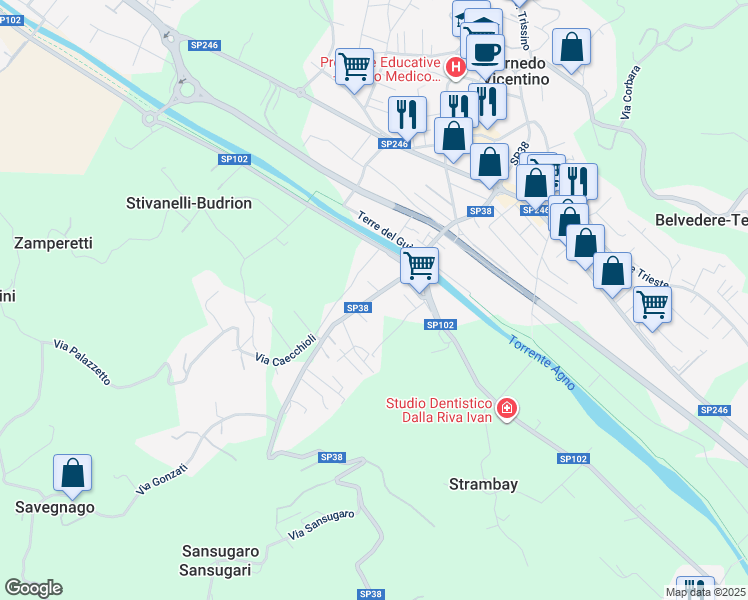 map of restaurants, bars, coffee shops, grocery stores, and more near 111 Via Bellini in Cornedo Vicentino