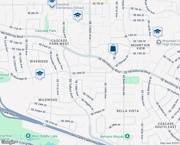 map of restaurants, bars, coffee shops, grocery stores, and more near 13703 Southeast 19th Street in Vancouver