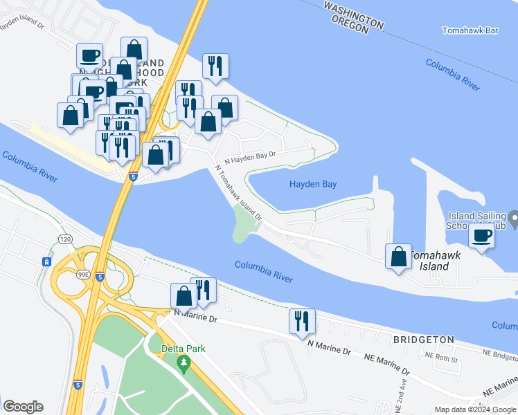 map of restaurants, bars, coffee shops, grocery stores, and more near 585 North Tomahawk Island Drive in Portland