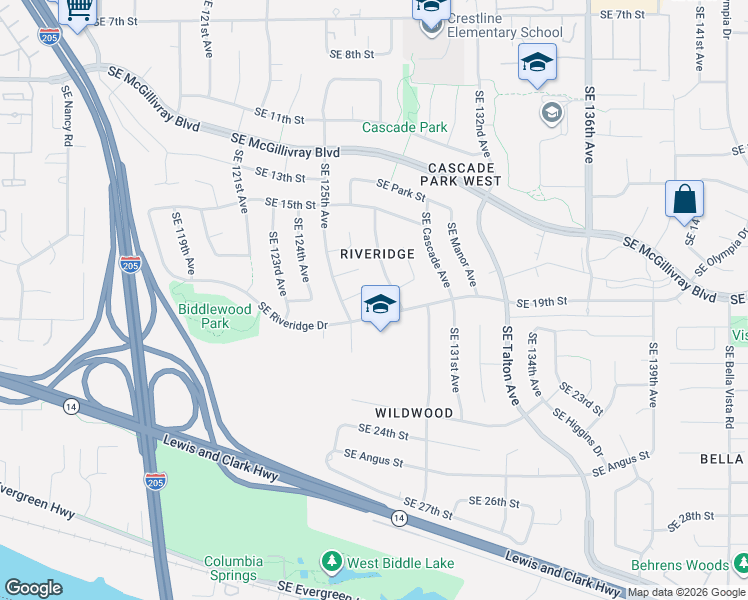 map of restaurants, bars, coffee shops, grocery stores, and more near 12513 Southeast 18th Circle in Vancouver