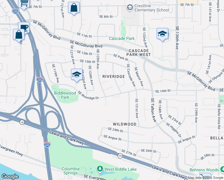 map of restaurants, bars, coffee shops, grocery stores, and more near 12513 Southeast 18th Circle in Vancouver
