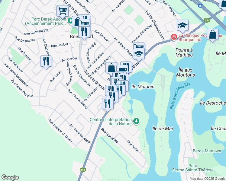 map of restaurants, bars, coffee shops, grocery stores, and more near 10 Rue Champlain in Boisbriand
