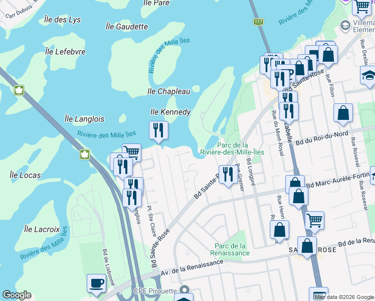 map of restaurants, bars, coffee shops, grocery stores, and more near in Laval