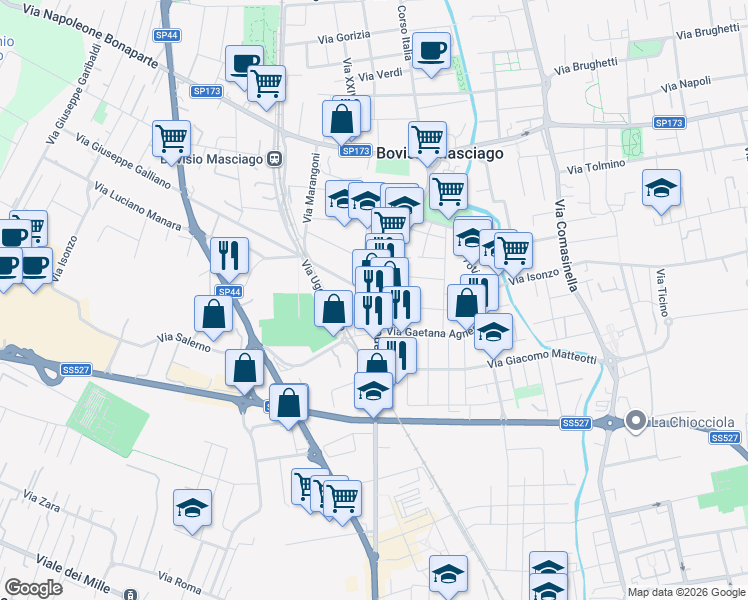 map of restaurants, bars, coffee shops, grocery stores, and more near 46-48 Corso Milano in Bovisio Masciago